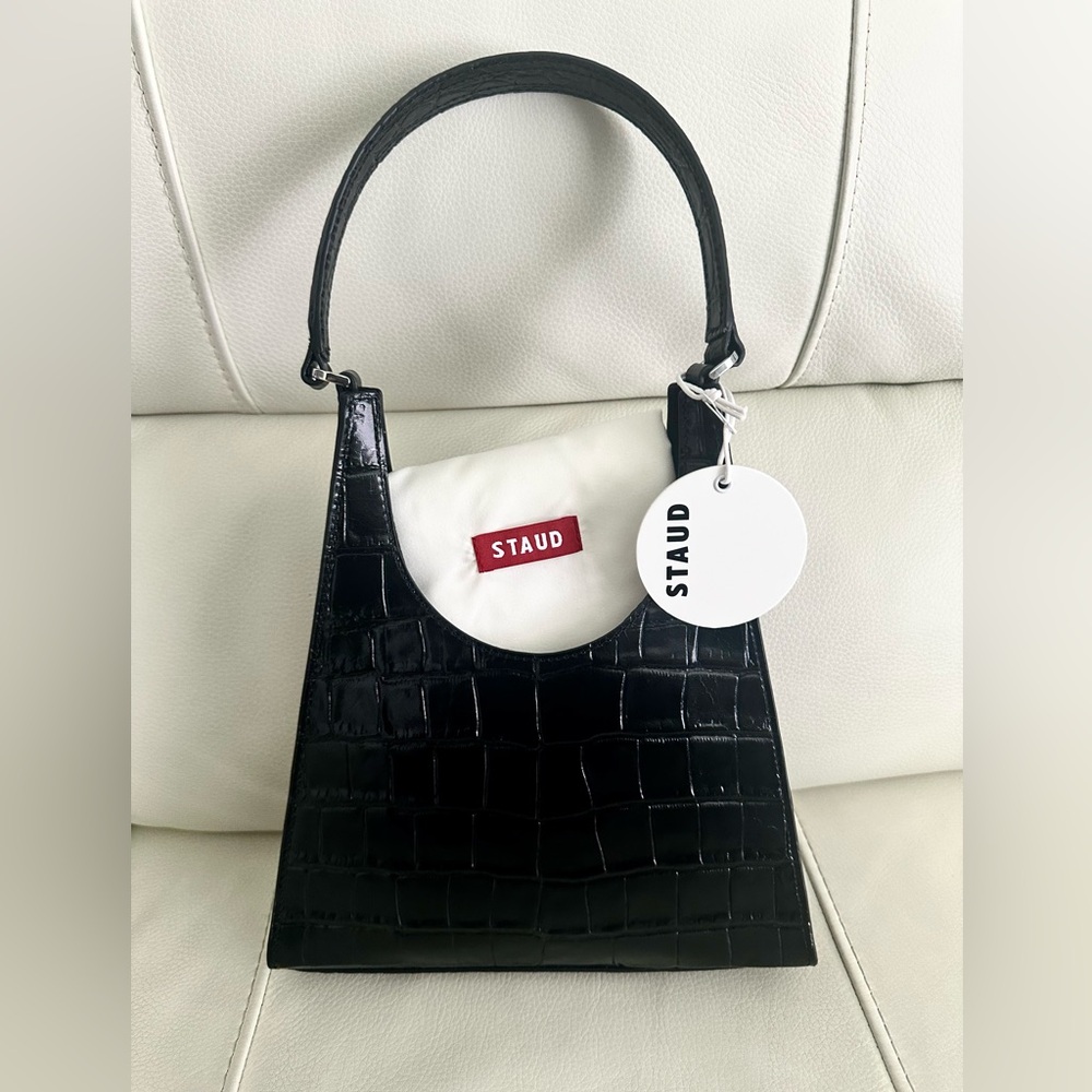 STAUD Black Croc-Embossed Shoulder Bag